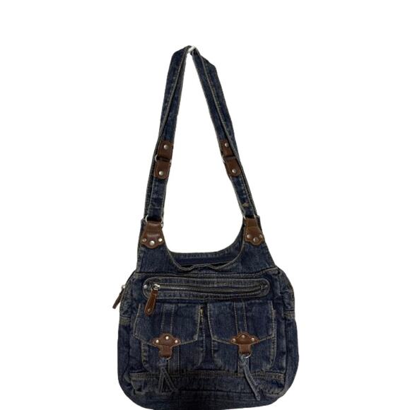Vintage Denim Shoulder Bag with Multiple Pockets - Causal Jean Purse - Picture 1 of 12